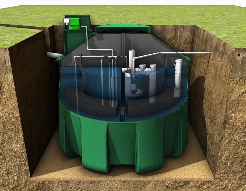 Off-grid sewage system in a rural landscape.