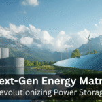 Futuristic energy storage facility with solar panels and turbines.