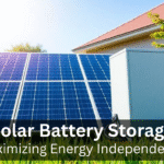 Solar panels and battery storage in a sunny yard.