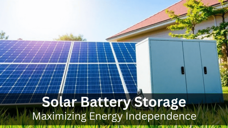 Solar panels and battery storage in a sunny yard.