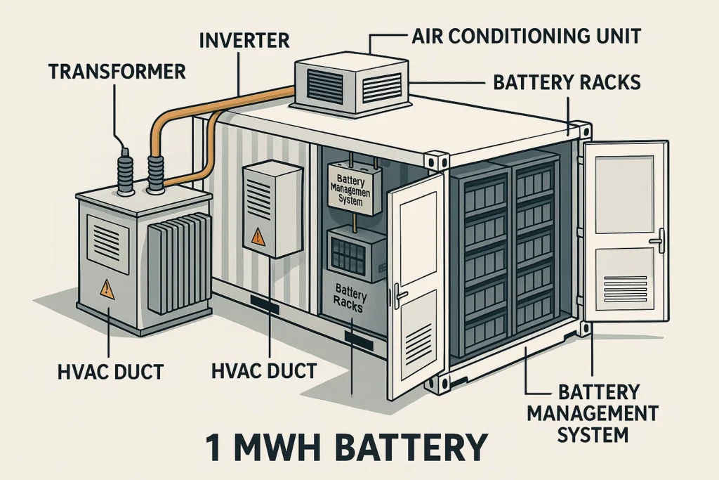 A Diagram of a 1 MWH Battery major components. 