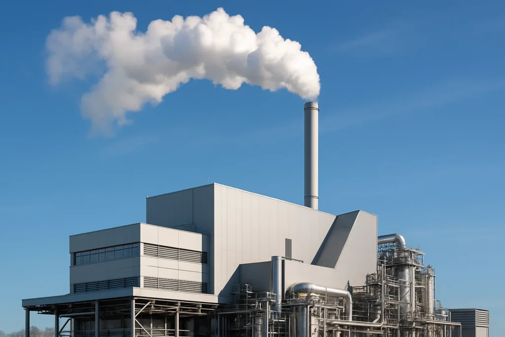 waste incinerator with smoke against blue sky.