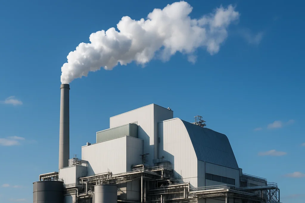 waste incinerator with smoke against blue sky.