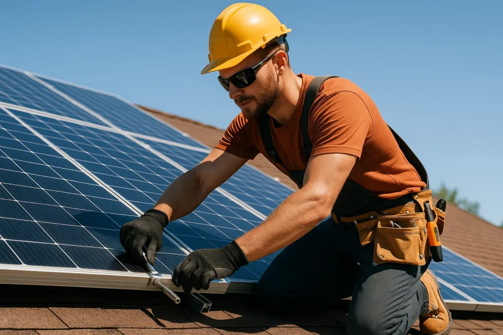 A man installing at the Best Angle for Solar Panels.
