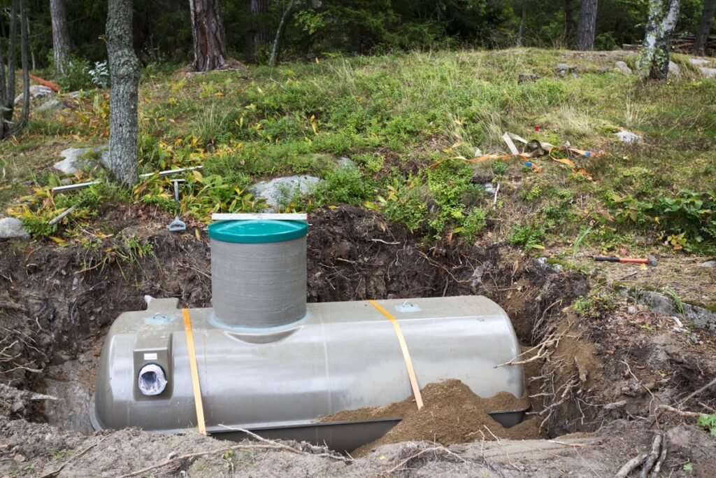 Off-grid sewage system in a rural landscape.
