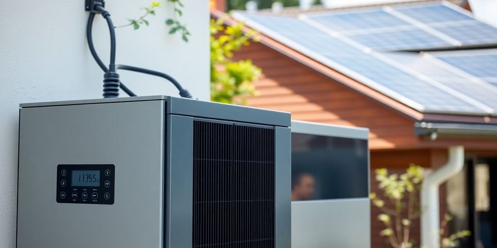 Solar battery system with solar panels on a house.