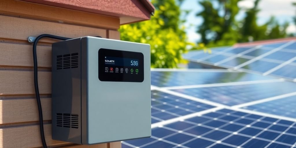 Solar battery next to solar panels under clear blue sky.