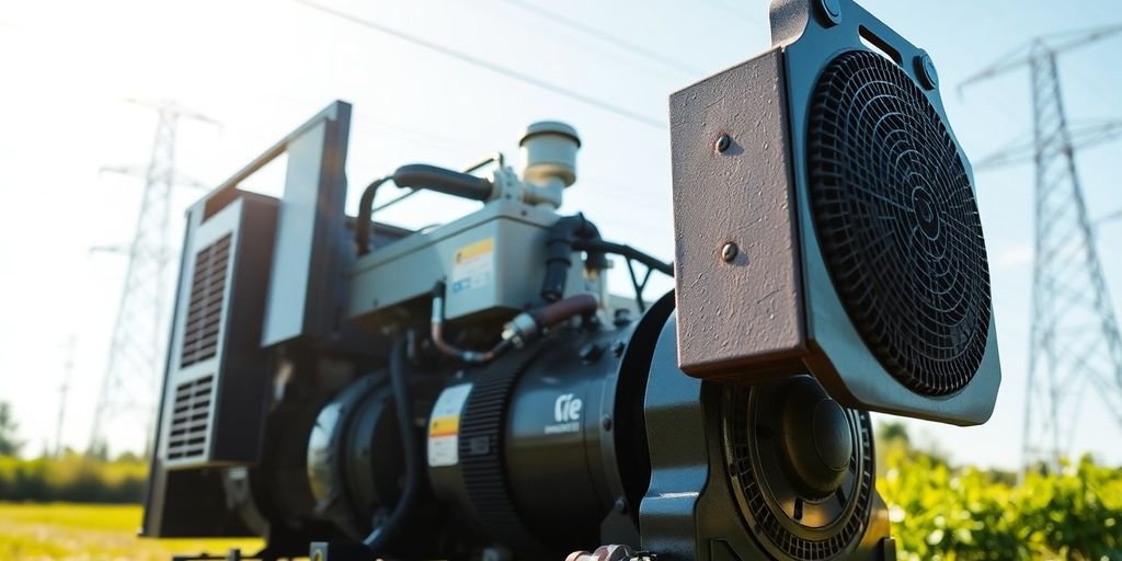 Diesel generator in outdoor setting with power lines.
