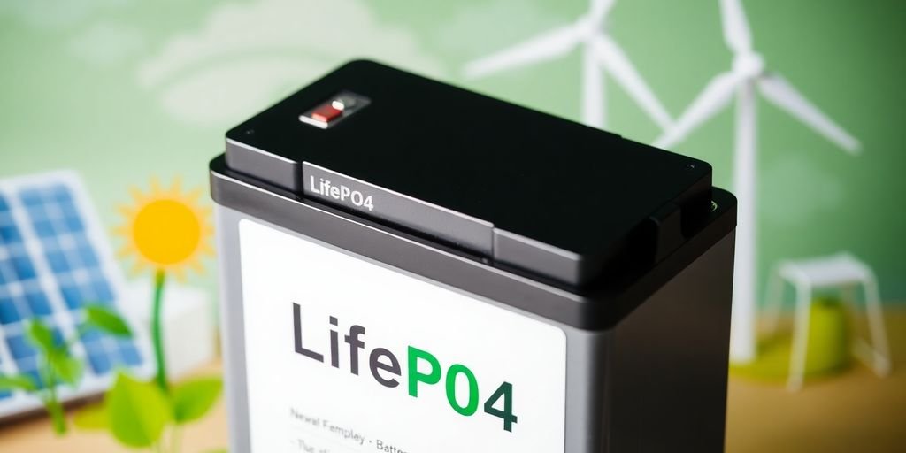 Close-up of a LifePO4 battery with green energy symbols.