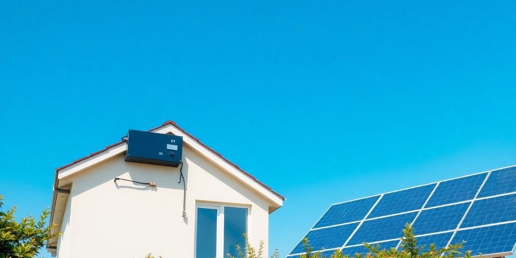 Solar battery setup with solar panels and green landscape.