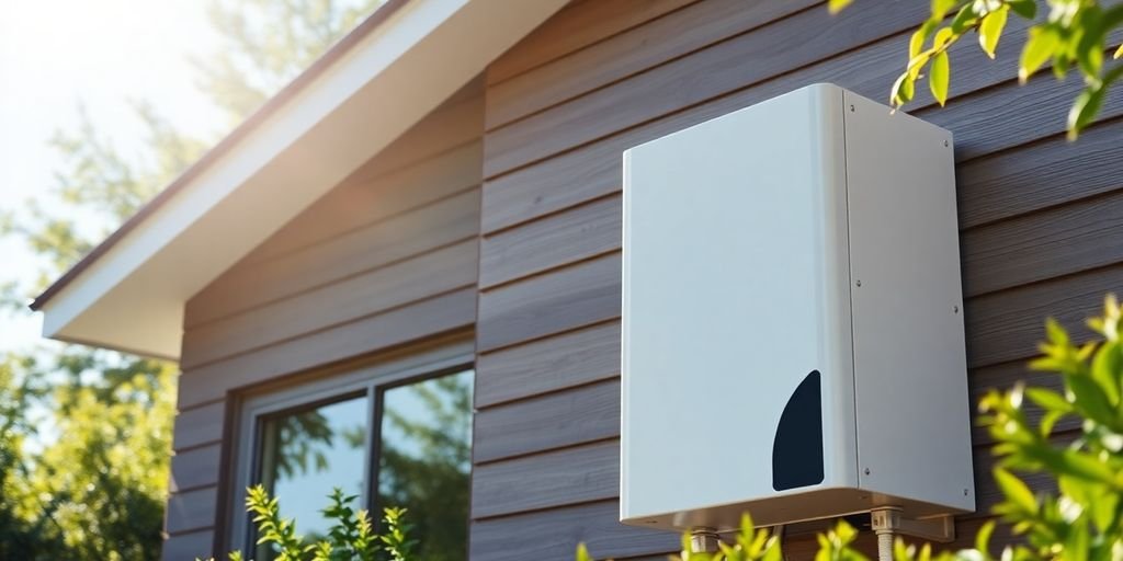 Solar inverter on a home with sunlight and greenery.