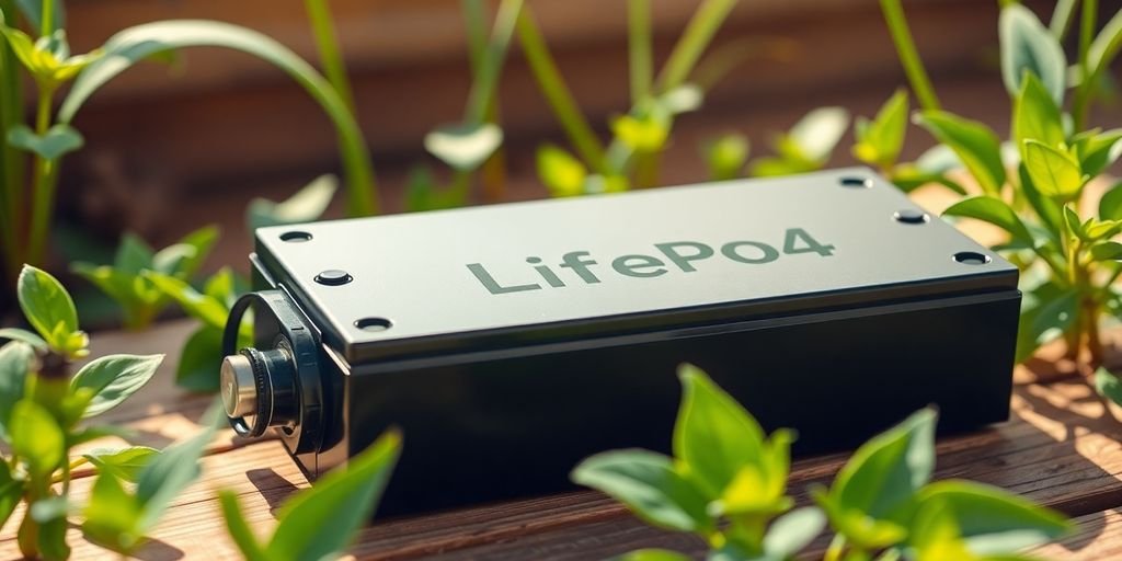 LifePO4 battery on wooden surface with green plants.