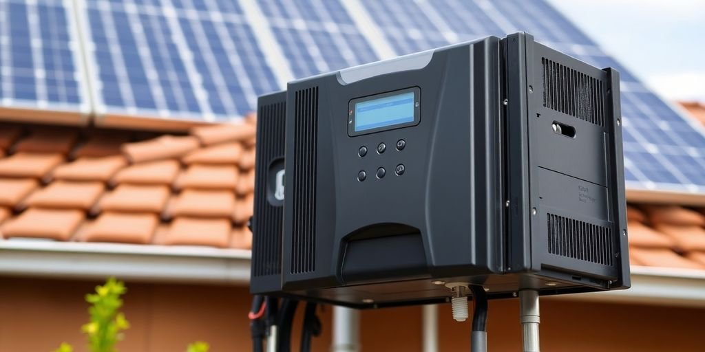 Solar inverter installed on a wall with solar panels.