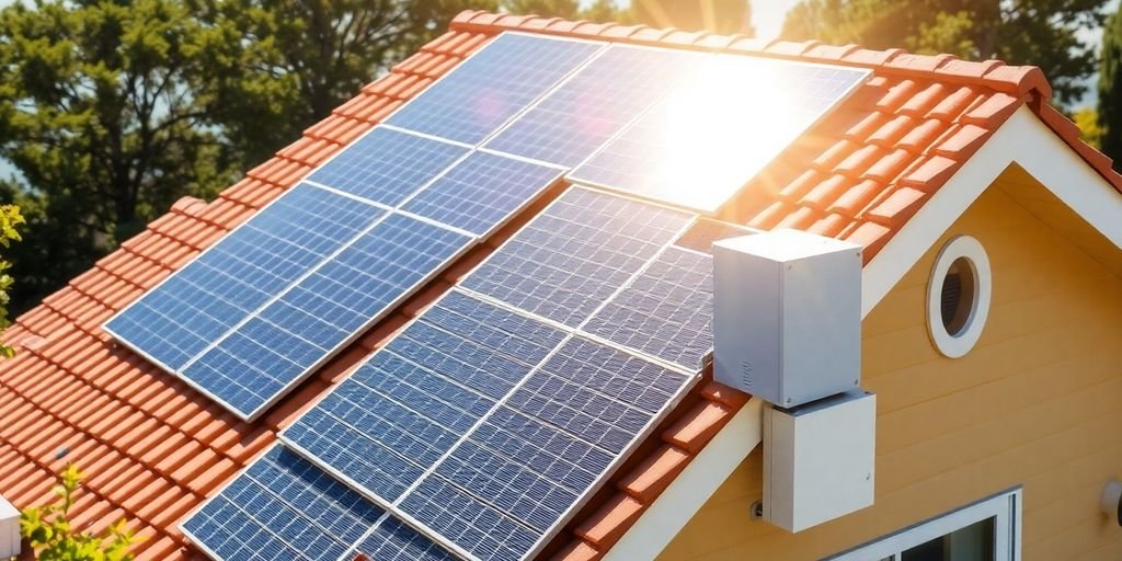 Solar panels on a uniquely shaped roof with inverter.