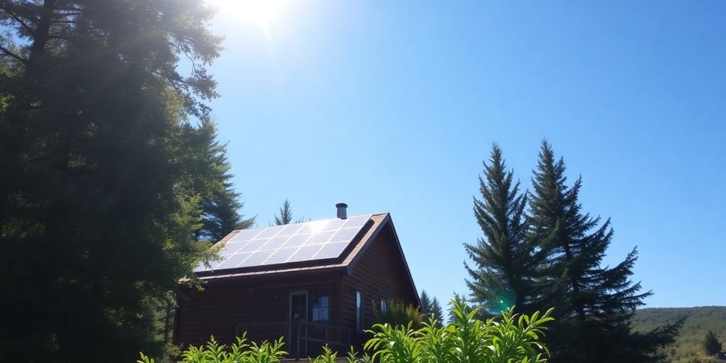 Off-grid cabin with solar panels in a lush forest.