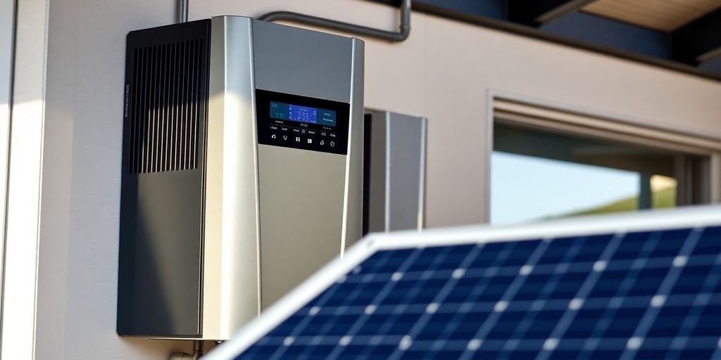 Solar inverter installed on a home with solar panels.