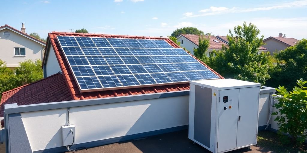 Solar panels and battery on a sunny rooftop.