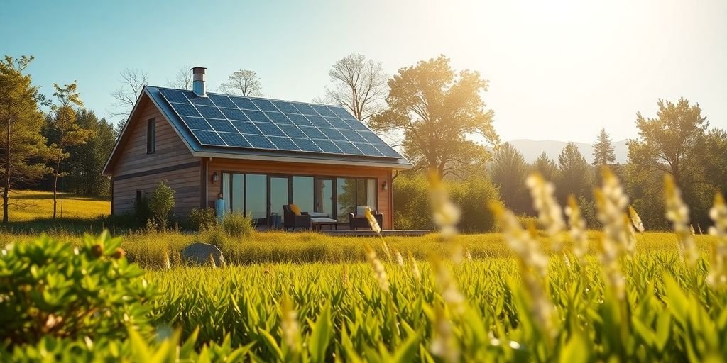 Solar-powered home in nature, promoting off-grid living.