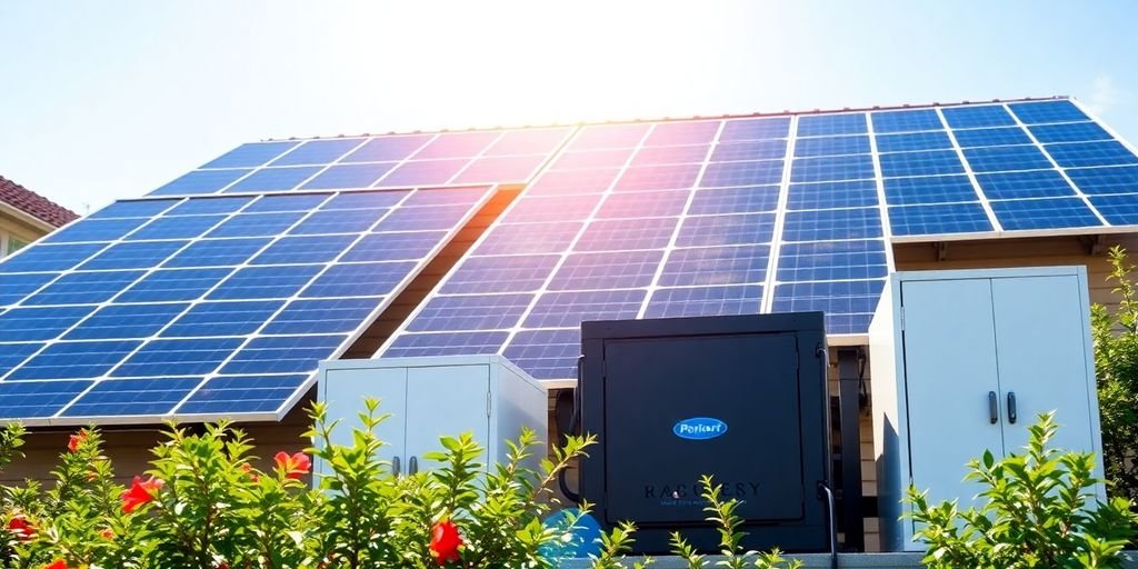 Solar panels and battery systems in a sunny environment.