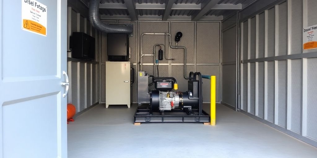 Diesel generator in a clean, ventilated storage area.