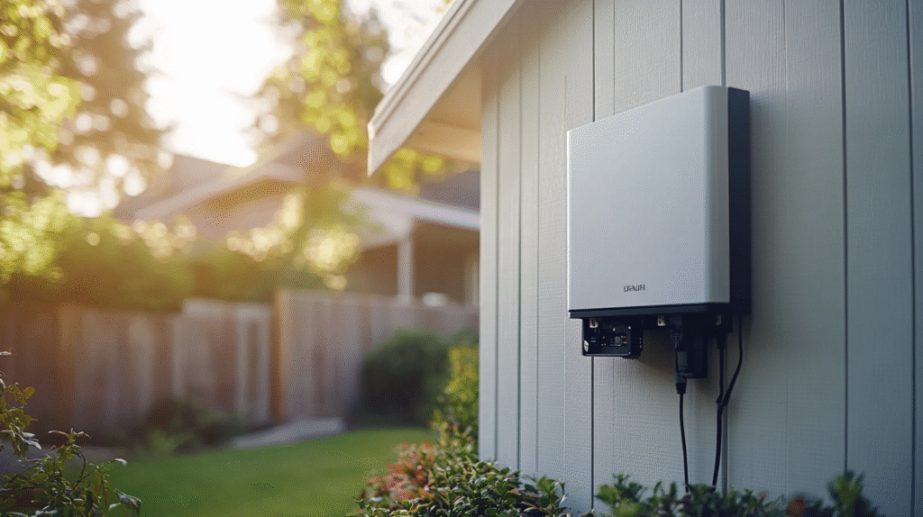 Close-up of a solar inverter installed on a house.
