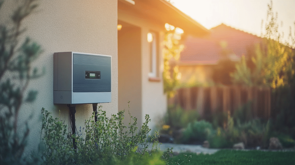 Close-up of a solar inverter installed on a house.