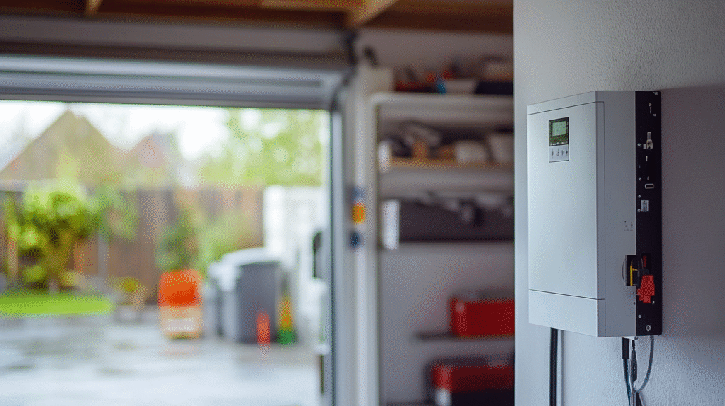 Close-up of a solar inverter installed inside a garage