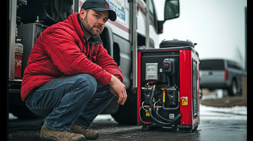Man sitting next to an efficient propane generators.