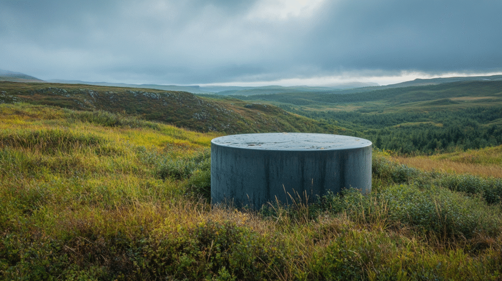 Off grid sewage systems in a rural landscape.