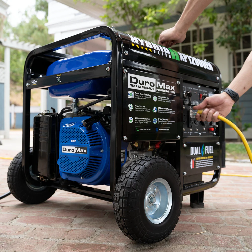 DuroMax generator in outdoor setting, ready for use.