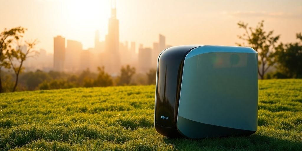 Green energy generator powering modern city.