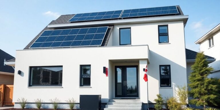 Solar panels, battery, Canadian flag, modern home exterior.