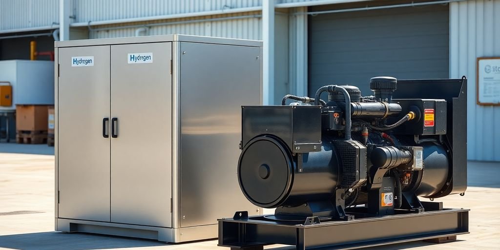Hydrogen and diesel generators side-by-side, outdoor setting.