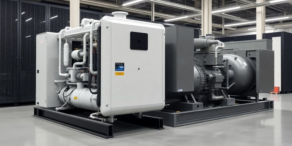 Hydrogen vs Diesel: Hydrogen fuel cell next to a diesel generator.