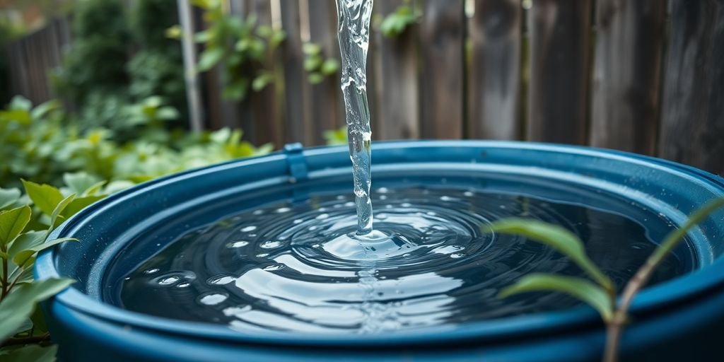 Rainwater flowing into a collection barrel from a roof.