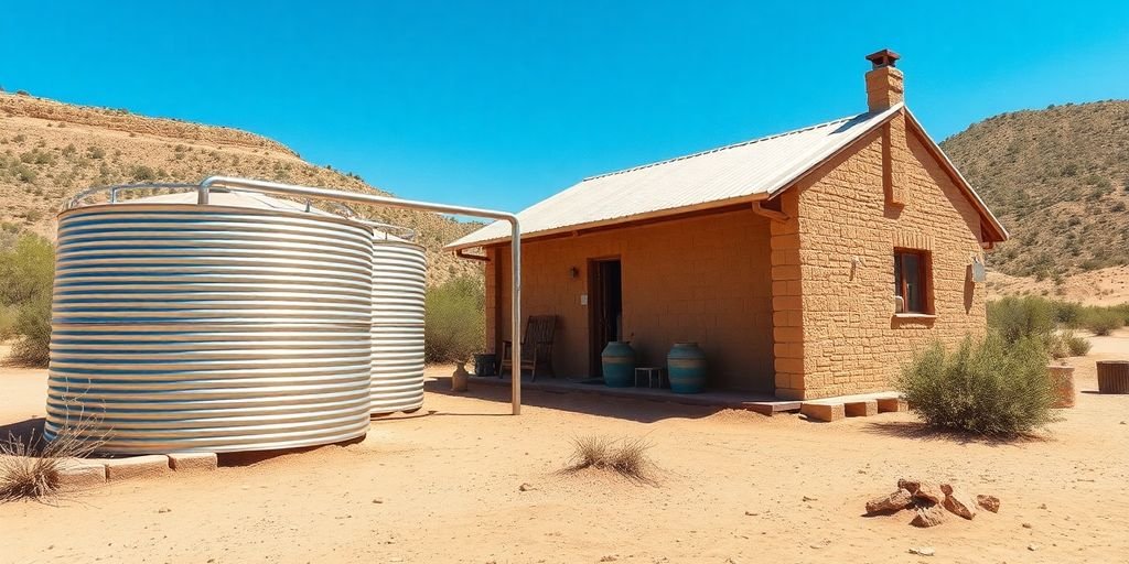 Rainwater harvesting in desert, sustainable living.