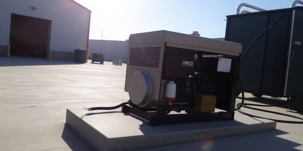 Industrial diesel generator running outdoors.