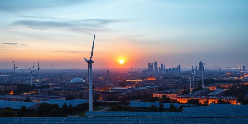 Wind turbines and solar panels, European city skyline.