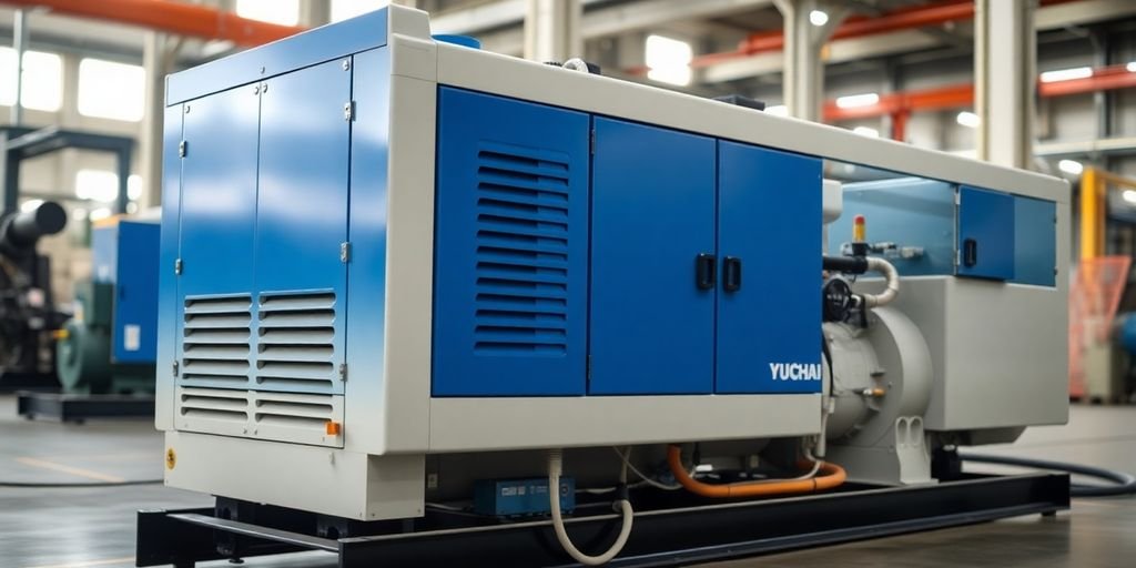 Yuchai generator, blue and white, in a factory setting.
