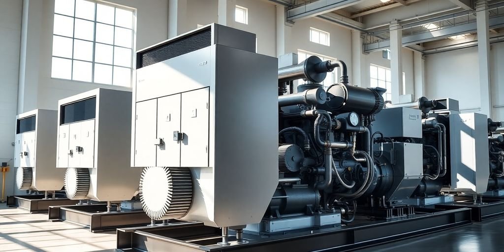 A row of industrial diesel generators in a factory.