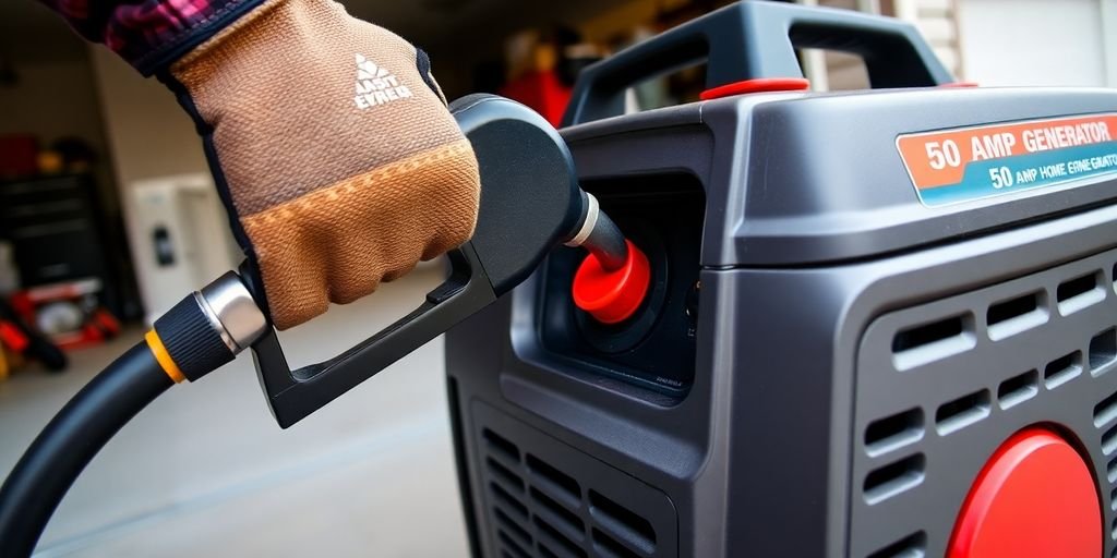 A close-up of a generator’s fuel cap and nozzle.