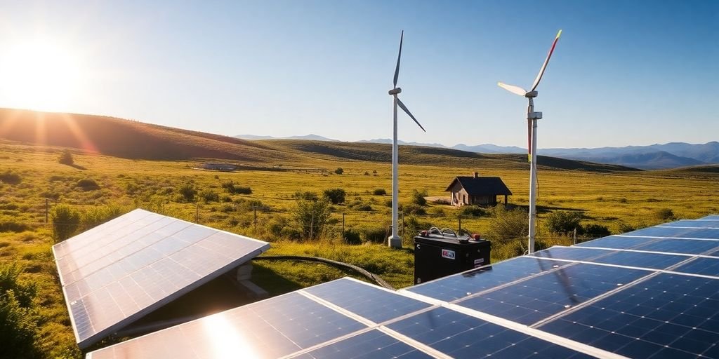 Best off Grid Power: Top Systems for Energy Independence, Solar panels, wind turbine, battery storage outdoors.