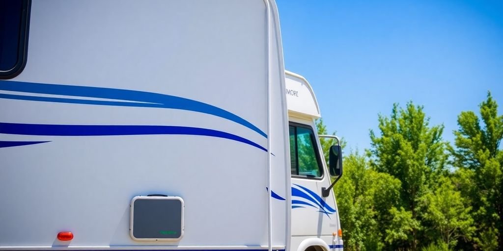 Close-up of an RV parked outdoors.