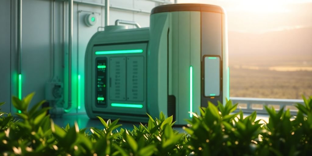 Small modular reactor in a green, futuristic setting.