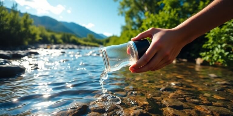 Water purifier filtering stream in wilderness.