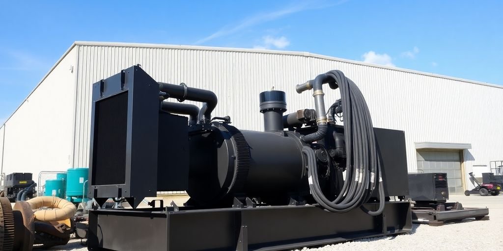 Large diesel generators, power cables, industrial building background.