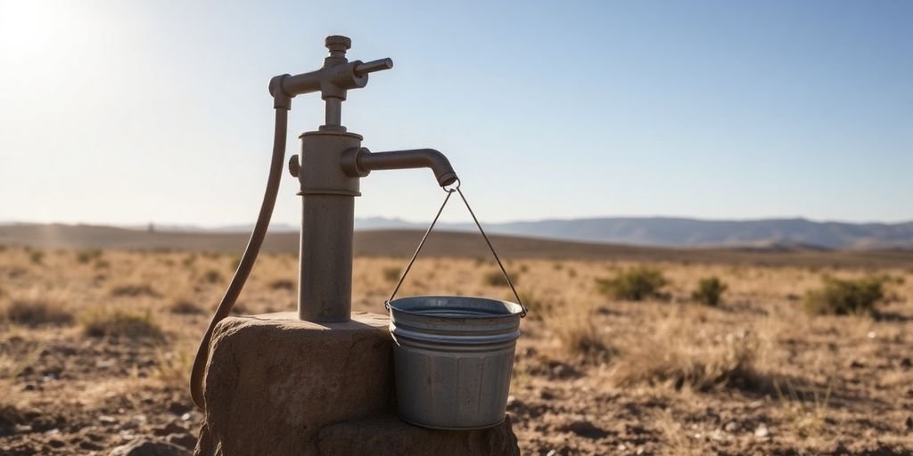 Off-grid well, hand pump, water bucket, rural landscape.