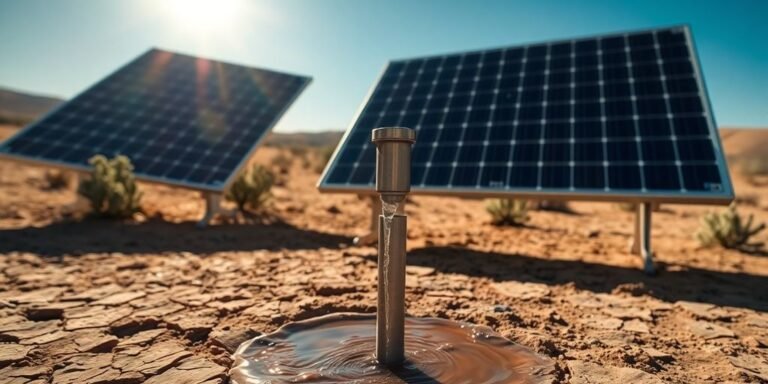 Solar panels powering water pump in remote, sunny landscape.
