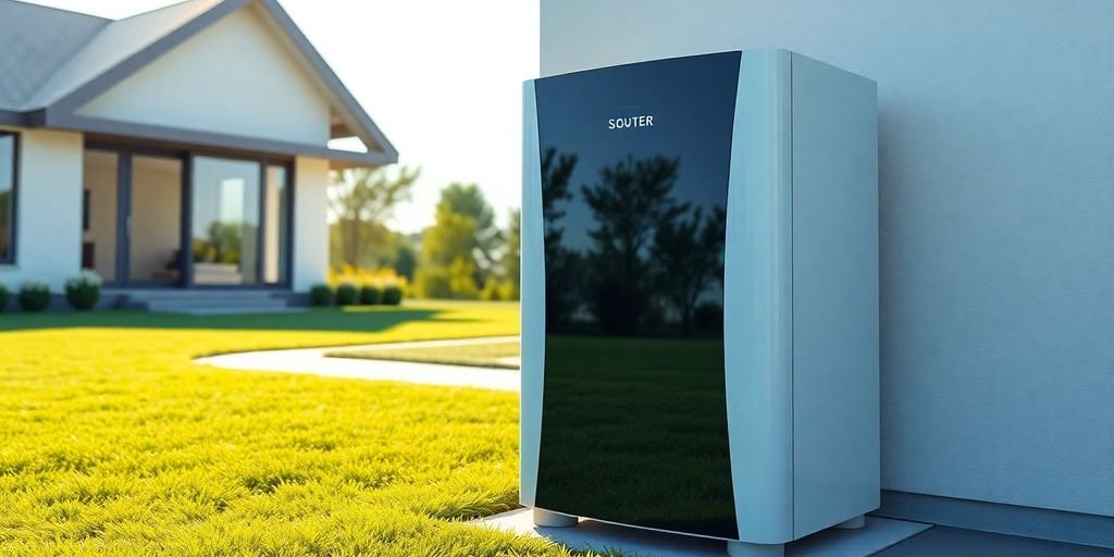 Sleek home battery next to modern house.