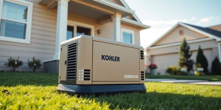 Kohler genset outside modern home in a suburban setting.